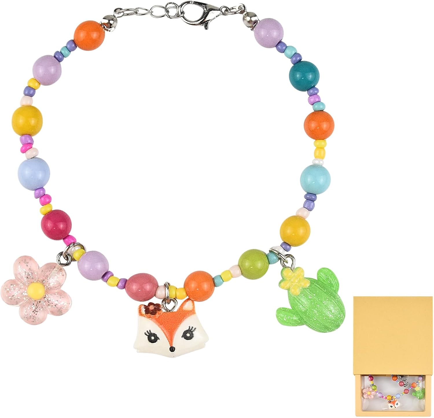 Colorful Pet Pearl Necklace, with Fox Cactus Flower Pendant - Adjustable Cute Dog Cat Collar for Puppy Kitten Holiday Birthday Party Costume Accessories with Gift Box ((S, 7-11 inches))