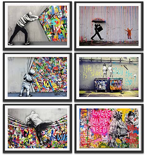 LOARTVE Banksy Lot de 6 impressions sur toile pour salon, chambre à coucher, bureau, décoration d'intérieur - Motif pluie abstraite colorée - Sans cadre