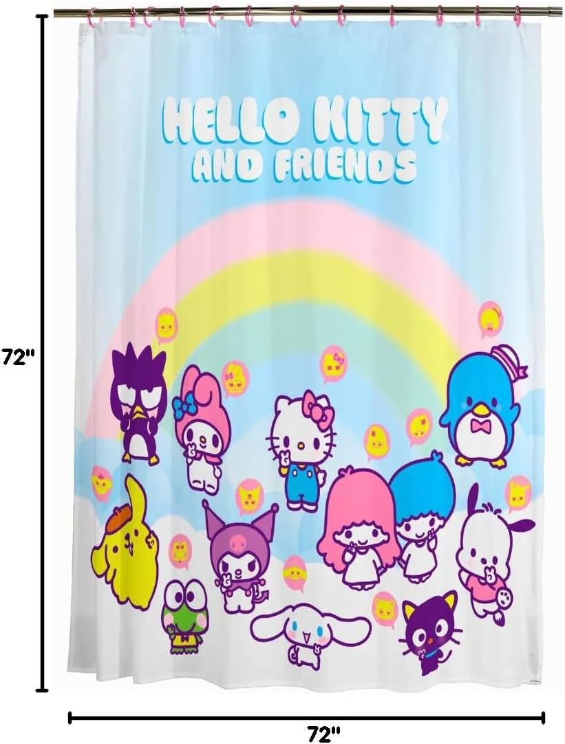 Sanrio Hello Kitty & Friends 13-Piece Shower Curtain Set, Bathroom Decor, 72 x 72 Inch Fabric Curtain with Hooks, Machine Washable (100% Officially Licensed Product) by Franco Collectibles