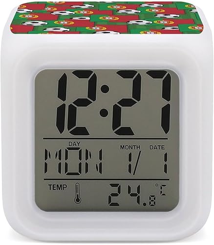 Portugal Fútbol Patrón de Fútbol Cambio de Color LED Digital Despertador Reloj de noche para Oficina en