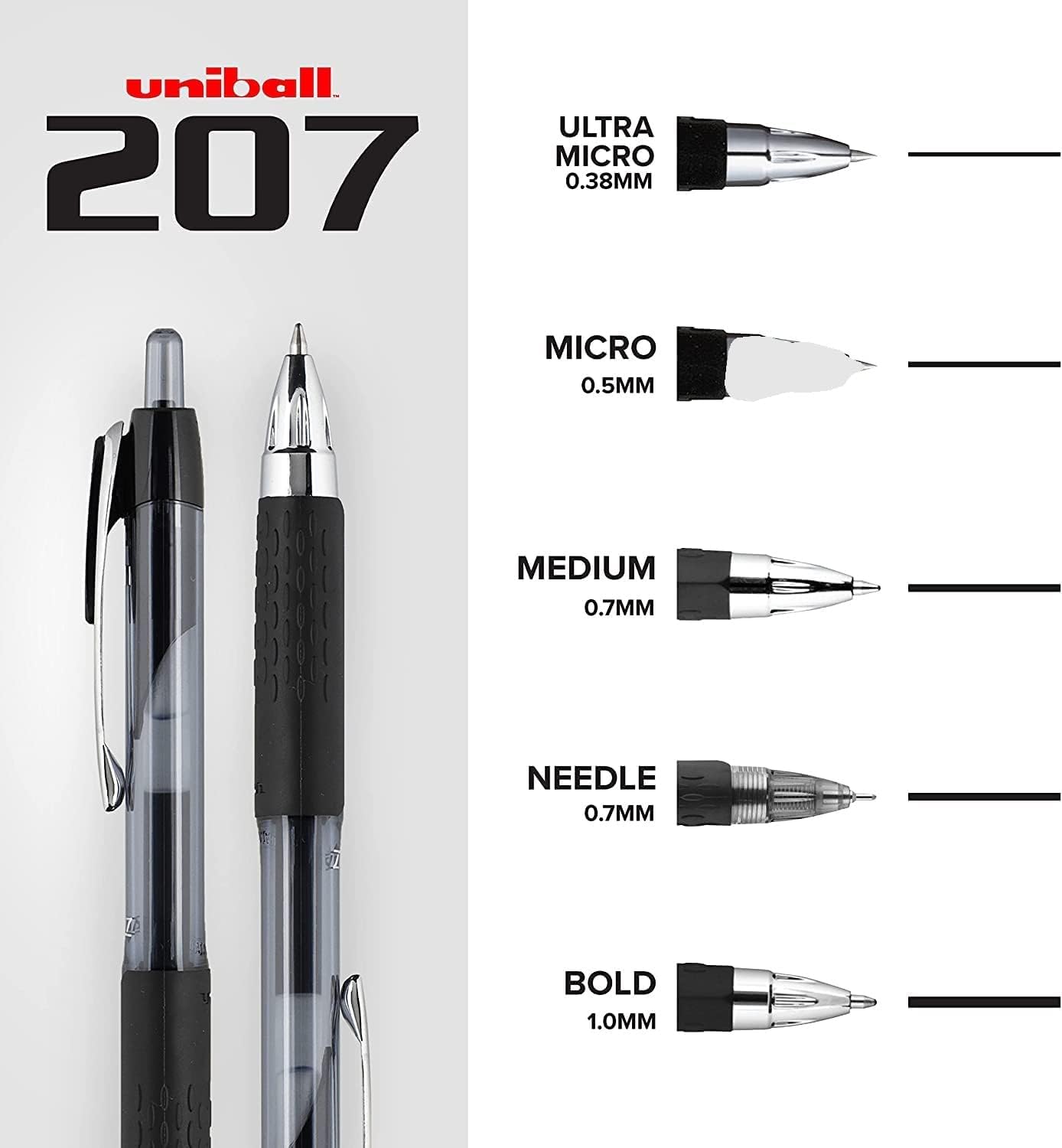 Uni-Ball Signo 207 Druck-Gelschreiber, dicke Spitze, 1,0 mm, schwarze & blaue Tinte, 12 Stück (6 schwarz, 6 blau), betrügerbeständige Uni-Super-Tinte, schnelltrocknend, nachfüllbar