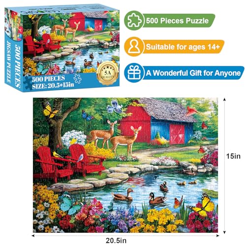 Rompecabezas de 500 piezas para adultos, 'Country Pond Oasis', con patos y ciervos junto a una cabaña rural, hecho de cartón reciclado, tamaño final 20,5 x 15 pulgadas miniatura 2