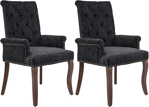 Miniatura 17 de Juego de 6 sillas de comedor tapizadas, sillas decorativas con respaldo copetudo, sillas de comedor modernas de tela de felpilla con brazos y patas