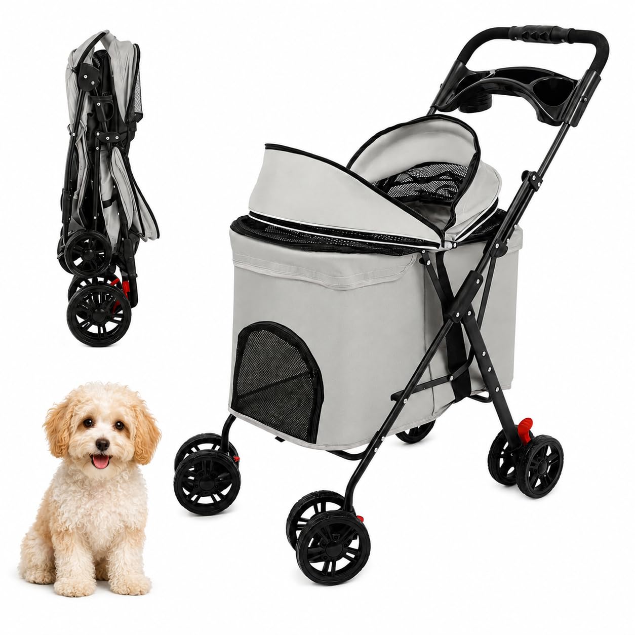 Passeggino pieghevole per animali domestici fino a 12,5 kg, 62 x 50 x 98 cm, cabina da 70 cm con tettuccio parasole, ruote anteriori a 360°, freni, finestra a rete e portabevande, per cani e gatti