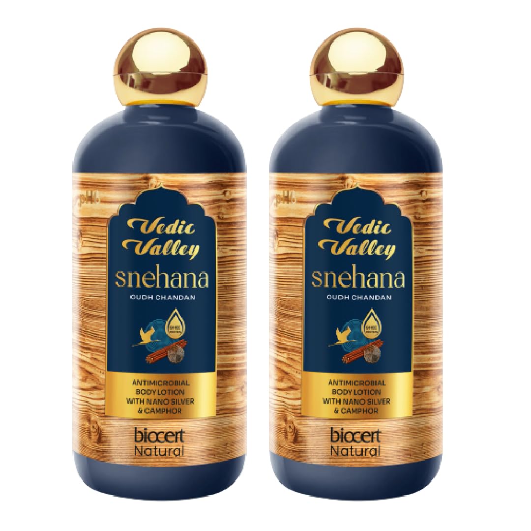 Vedic Valley Paraben Free Oud Chandan Glow Body Lotion for Women & Men - 2 X 300 ml with Shea, Avocado Butter, Deeply Nourishes & Moisturizes, Lightweight, Brightening, for All Skin Types, Pack of 2