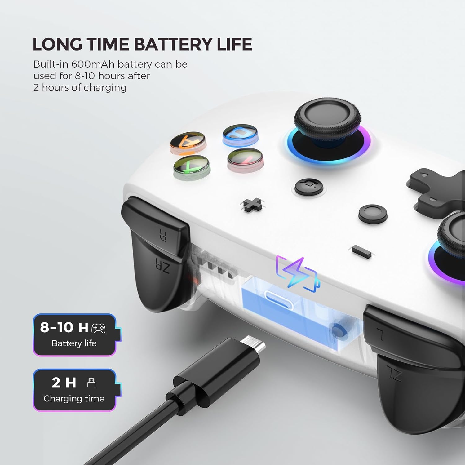 Controller connected to a USB-C charging cable, showing battery life and charging time