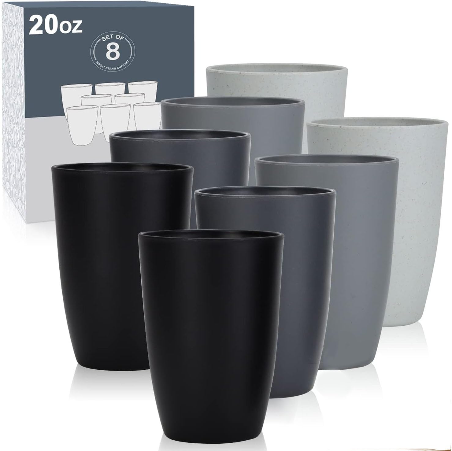 Wrova Plastic Cups 20 oz Reusable Drinking Cups Set of 8, Unbreakable Plastic Cup Set, Dishwasher Safe Large Water Glasses for Kitchen, Camping, RV - Grey Stone