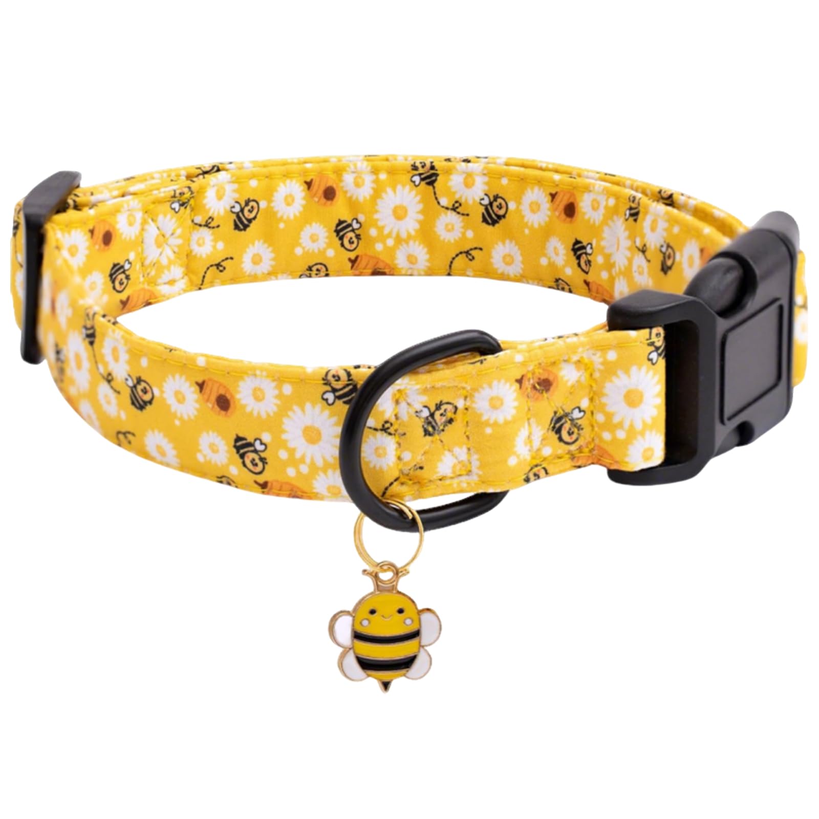 Soft Adjustable Dog Collar,Dog Collar with Colorful Flowers Printed (Yellow Bee, S(Neck 25-40cm,Width 1.5cm))