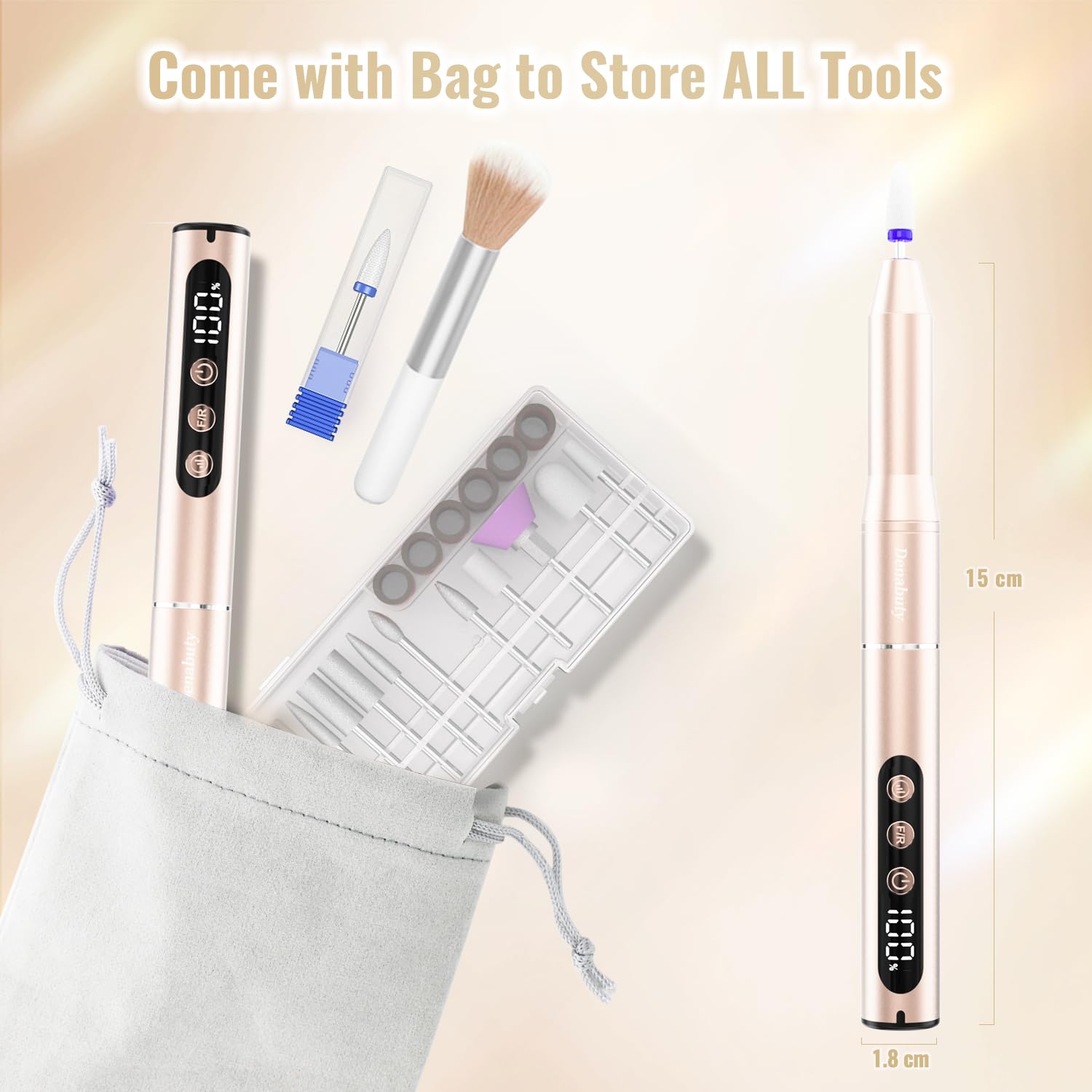 Ponceuse pour Ongles 35000 tr/min, Lime a Ongle Electrique Professionnelle 12 en 1 Ponceuse à Ongles Sans Fil avec écran LCD, Portable Kit de Manucure et Pédicure 5 Vitesse Réglable Doré