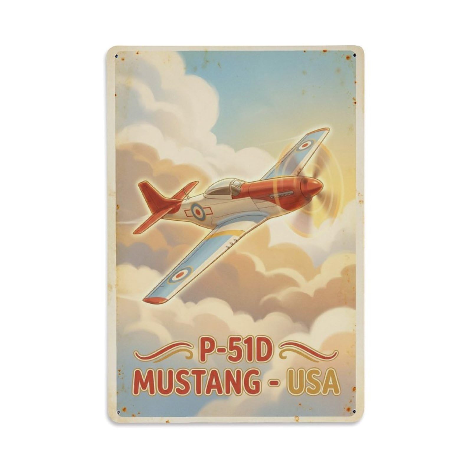 Retro Propaganda P-51D Mustang Fighter Aircraft Metal Tin Sign Plaque Wall Decor for Cafe, Man Cave, Club Bar, Office, Home Garden Round Metal Poster 8x12Inch