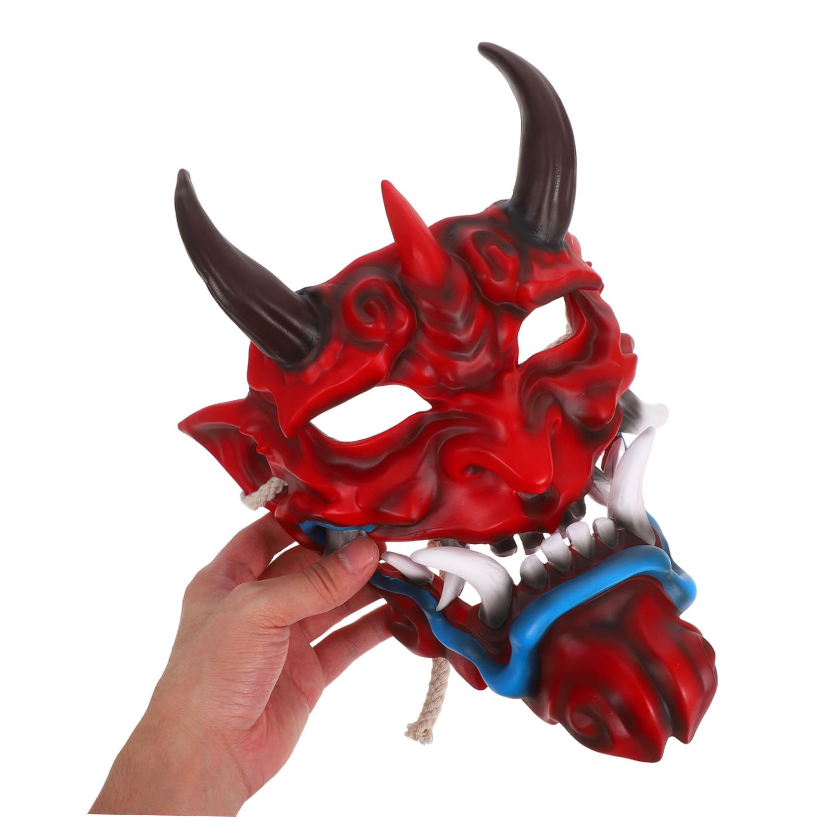HEMOTON Maschera Demoniaca Giapponese per Halloween con Corna in Resina, Design Realistico, Artigianato Robusto e Comfort per Feste a Tema e Party Cosplay per Adulti