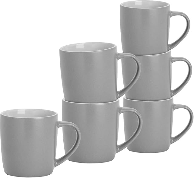 Argon Tableware 6 Piece Matt Tea and Coffee Mug Set - Modern Style Porcelain Cappuccino Latte Mugs - Grey - 350ml