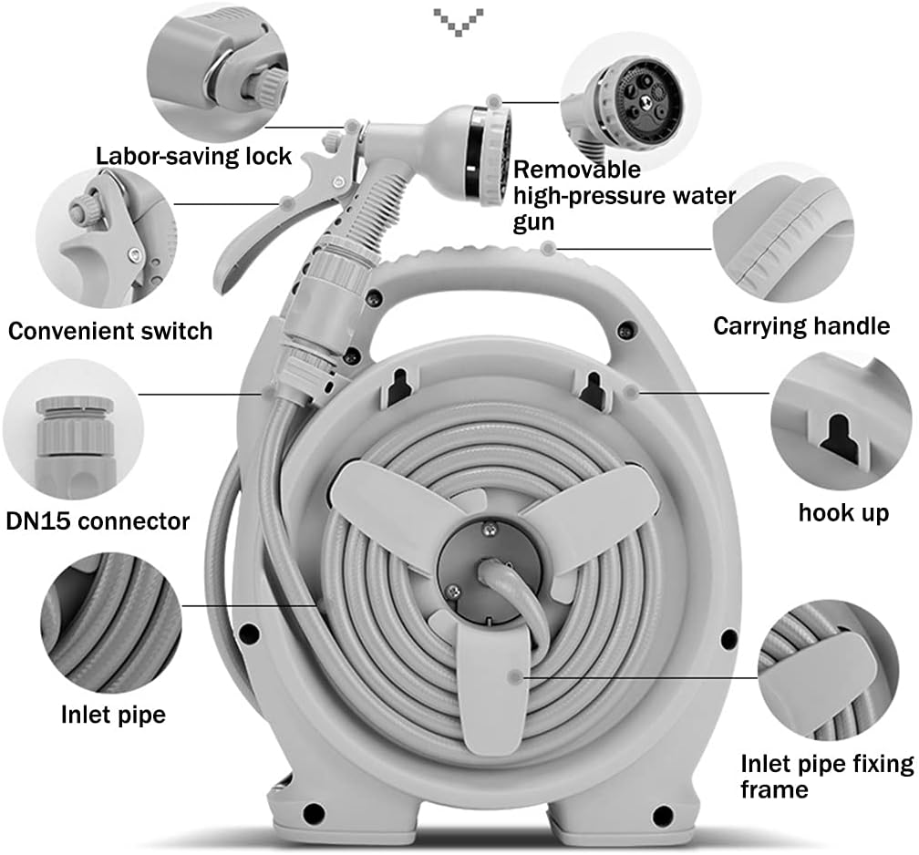 Garden Hose Reel Cart Small,Outdoor Portable Car Wash Hose Storage Rack, Household Mini ABS Hose Cart with Water Gun, Gardening Watering Set (Color : Rose Red, Size : +DN15 13.5m Pipe)