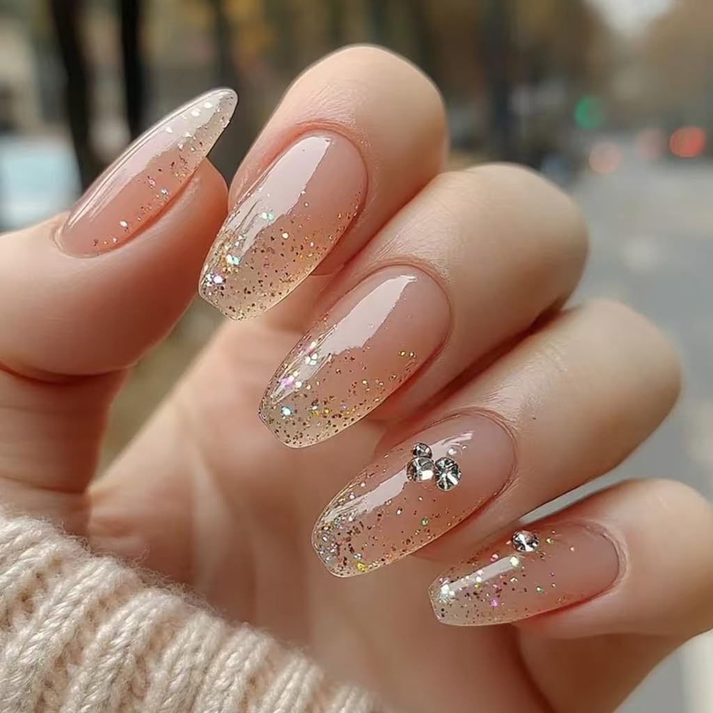 24 Pcs Mediums Ballerinas Rhinestones False Nails Elegant Acrylic Nails Glittering Stick on Nails