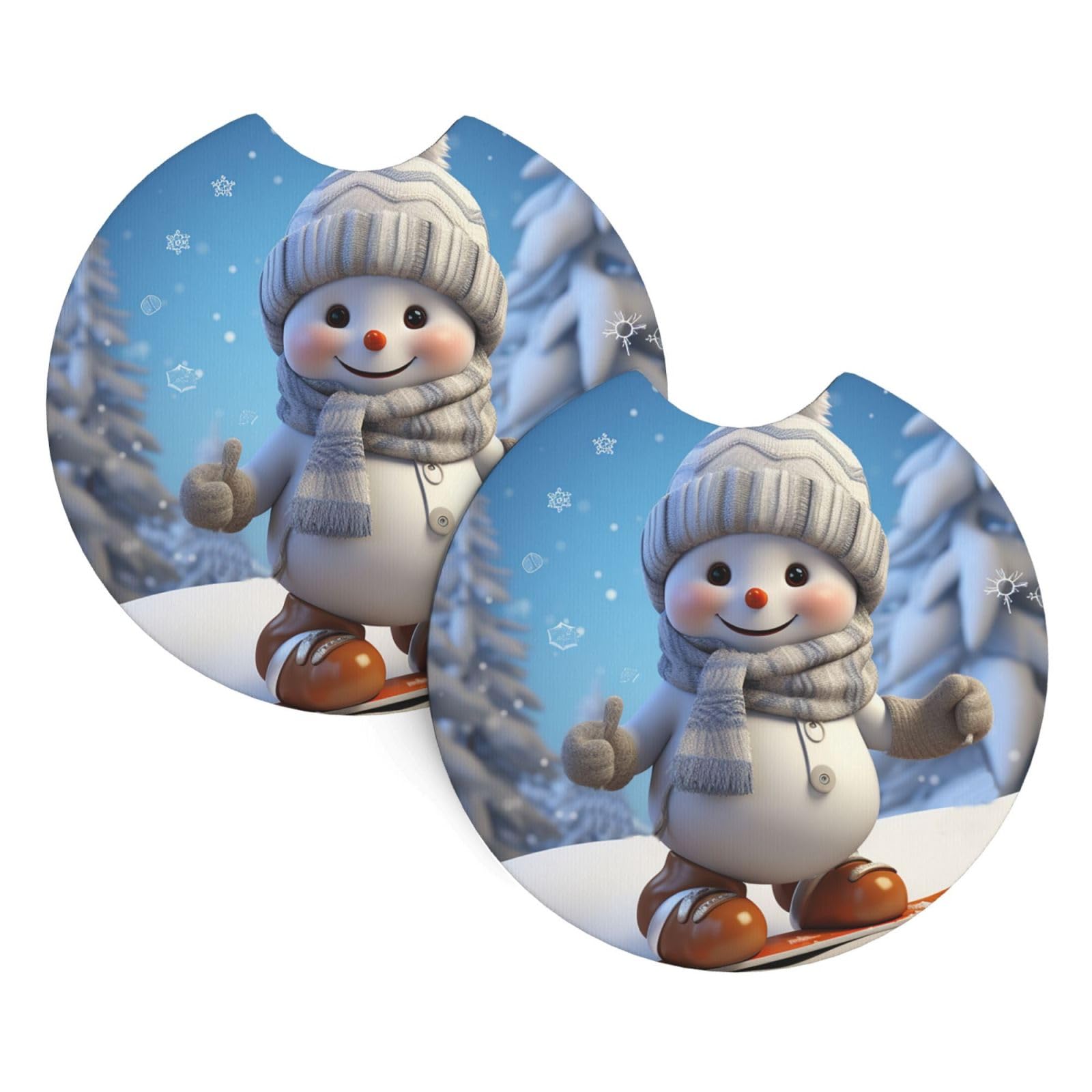 2PCS Car Coaster for Cup Holders Universal Auto Cup Mat Cute Snowboard Snowman Cup Coaster Pad 2.7" Waterproof Neoprene Non-Slip Cup Holder Coasters Car Interior Accessories for Women Men