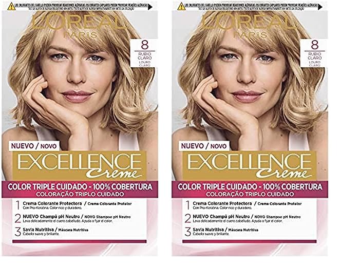 L'Oreal Paris Excellence Coloración Crème Triple Protección, Tono: 8 Rubio Claro (Paquete de 2)