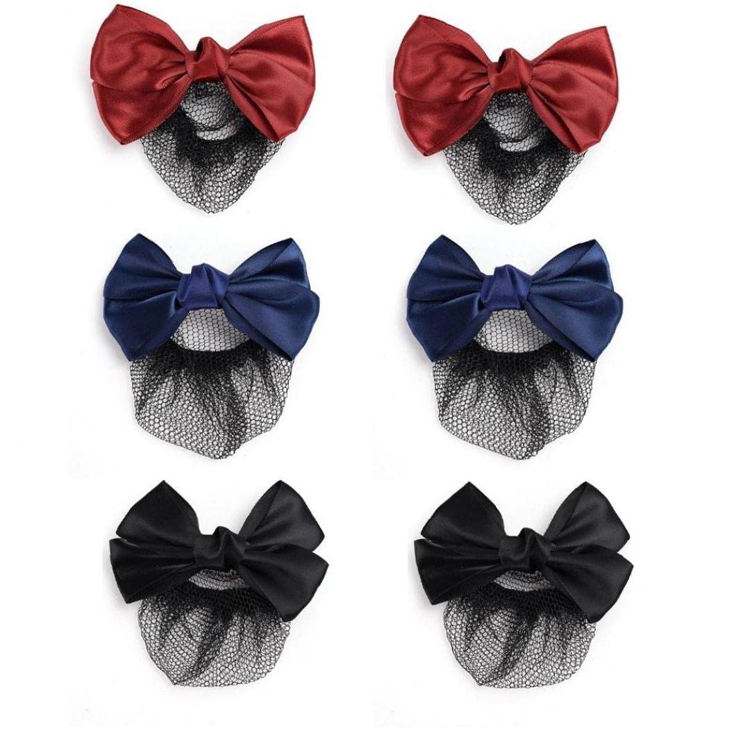 Minkissy Bowknot Hair Snood Net, 3Pc Bow Hair Clip Bun Cover Mesh Work Hairnets Bow Barrette Hairpins For Stewardess Banks Hotels Restaurant Staff (Purple/Black/Dark Blue
