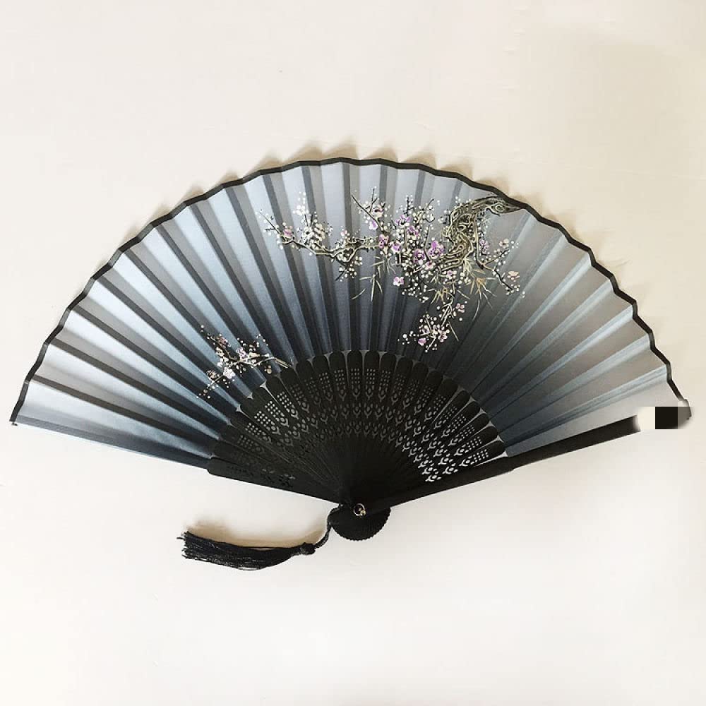 Abanico De Mano Plegable, Abanico De Mano De Seda Plegable Elegante Plum Bossom Abanicos De Bambú Gris Con Borla Tela De Tela Oriental Abanico Chino Abanico Plegable De Mano Para Bailar Regalos De
