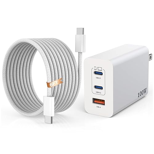 GaN Cargador USB C de 100 W, cargador súper rápido de 3 puertos (puerto doble tipo C +A) de 100 W USB-C para laptop con cable C-C tejido de 6 pies