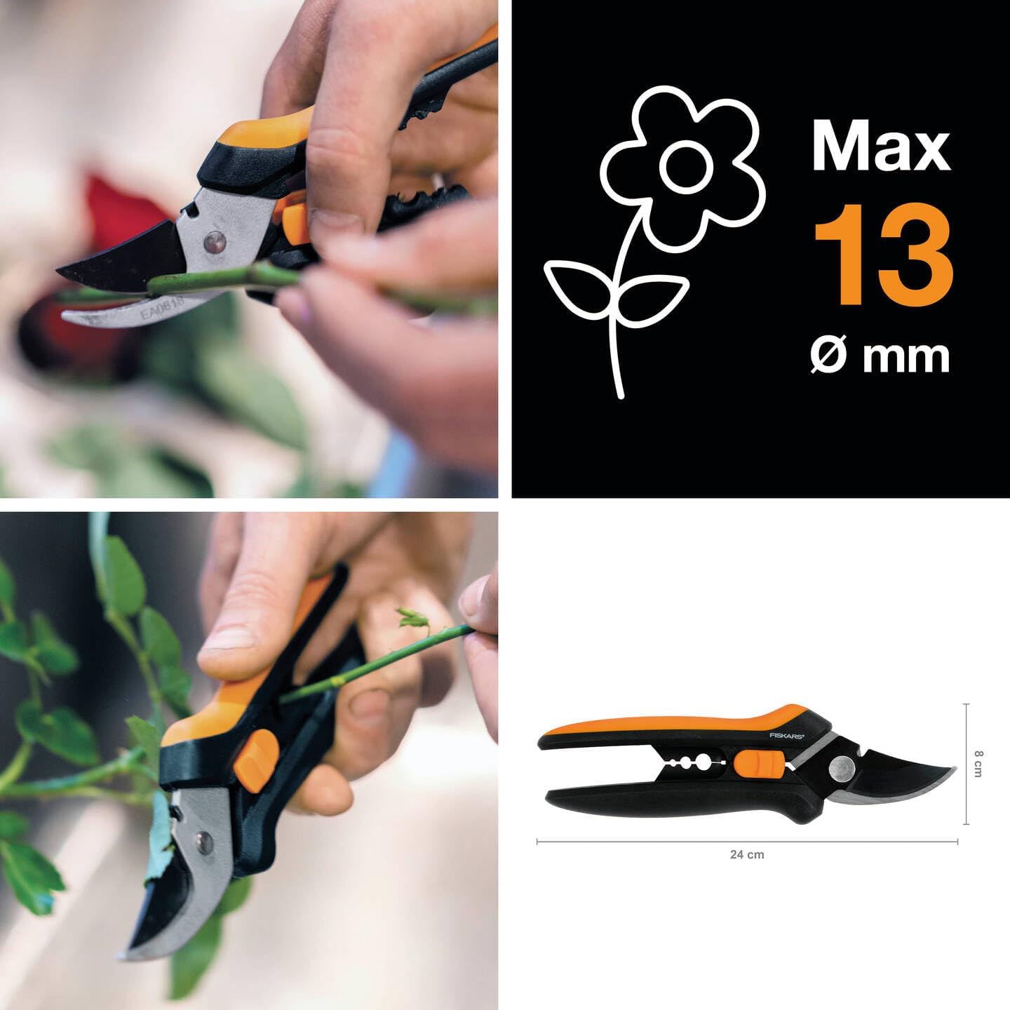 Fiskars Solid Snip Pruner, Floral SP14, Length: 24cm, Steel Blades/Plastic Handle, Black/Orange, 1051601