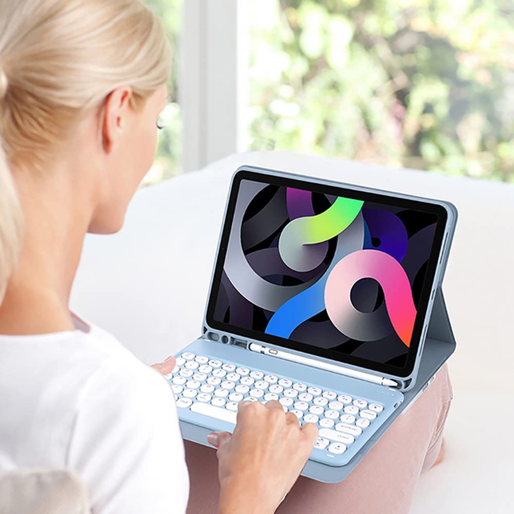 Coque pour iPad 6e 5e génération Air 2 Pro 9,7" avec clavier rond et magnétique détachable pour iPad 9.7 2018/2017 avec porte-crayon - Bleu
