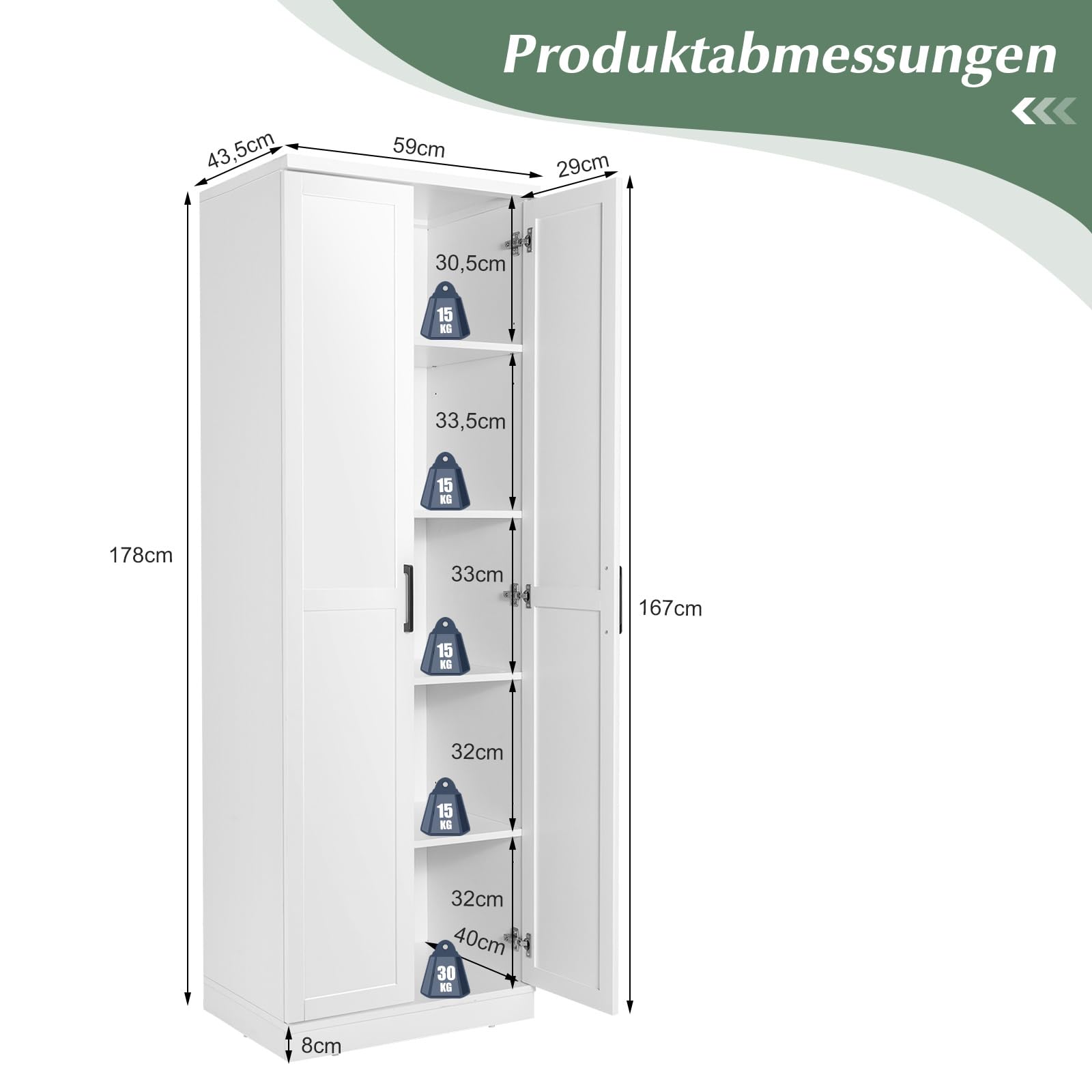 COSTWAY 5 stöckiger Hochschrank, freistehender Vorratsschrank mit 2 Türen & verstellbaren Regalen, Aufbewahrungsschrank Mehrzweckschrank mit Kippsicherung für Schlafzimmer, Küche, Wäscherei (Weiß)