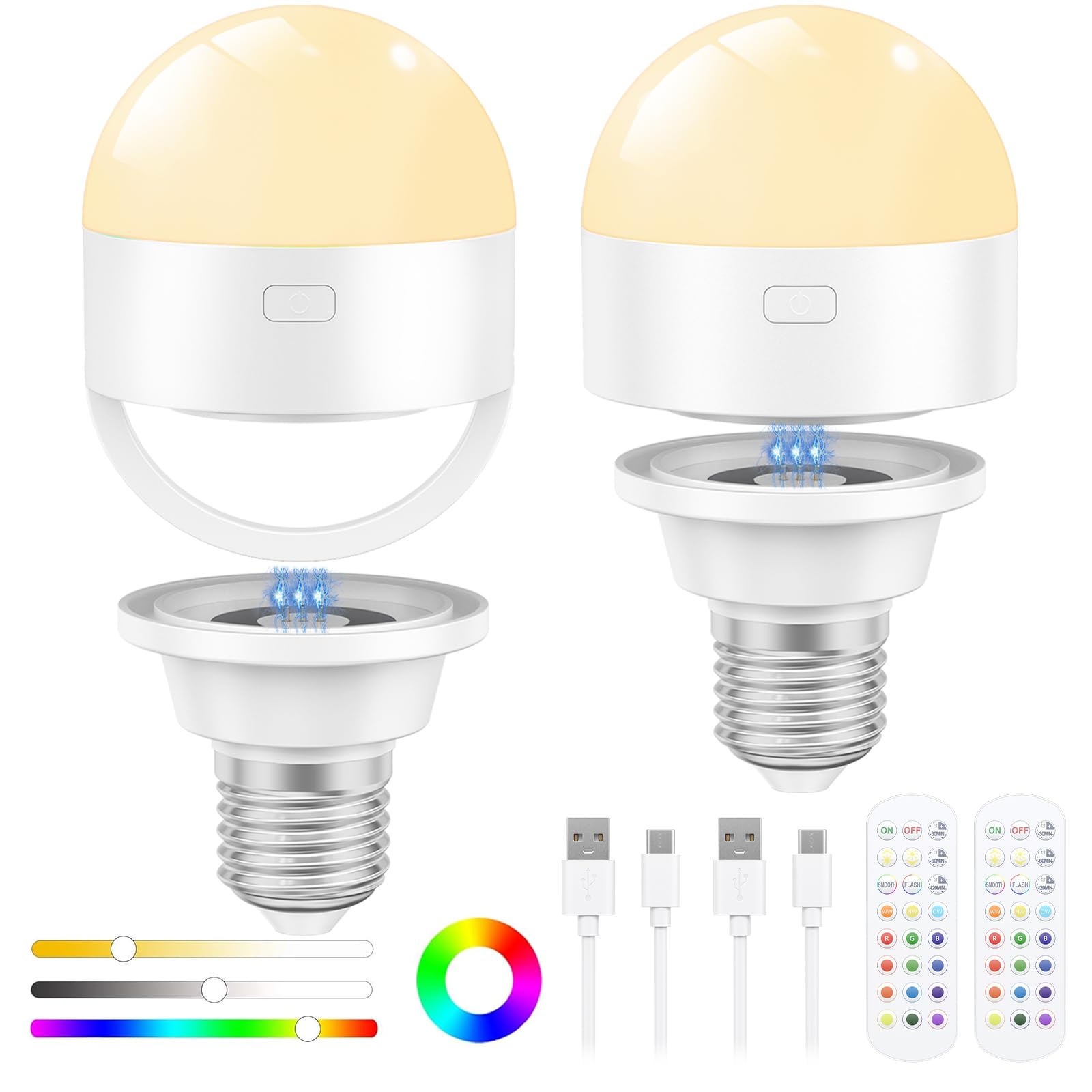 Oumida 2 Stück Aufladbare Glühbirne Mit Fernbedienung, 3 Farben Dimmbare Wiederaufladbare Glühbirne, E27 Abnehmbare LED Akku glühbirne mit Batterie/Timing für Nicht Verkabelte Lampen Dekoration (2)