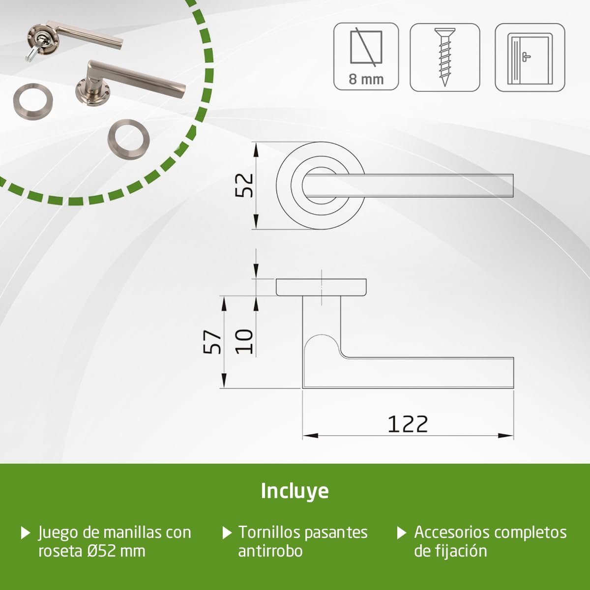 Amig - Pack de 4 Manillas con roseta Mod. MAI RX - Para puertas interiores - Cuadradillo 8 mm - Roseta de Ø52 mm de Zamak - Maneta de Aluminio - Acabado níquel cepillado