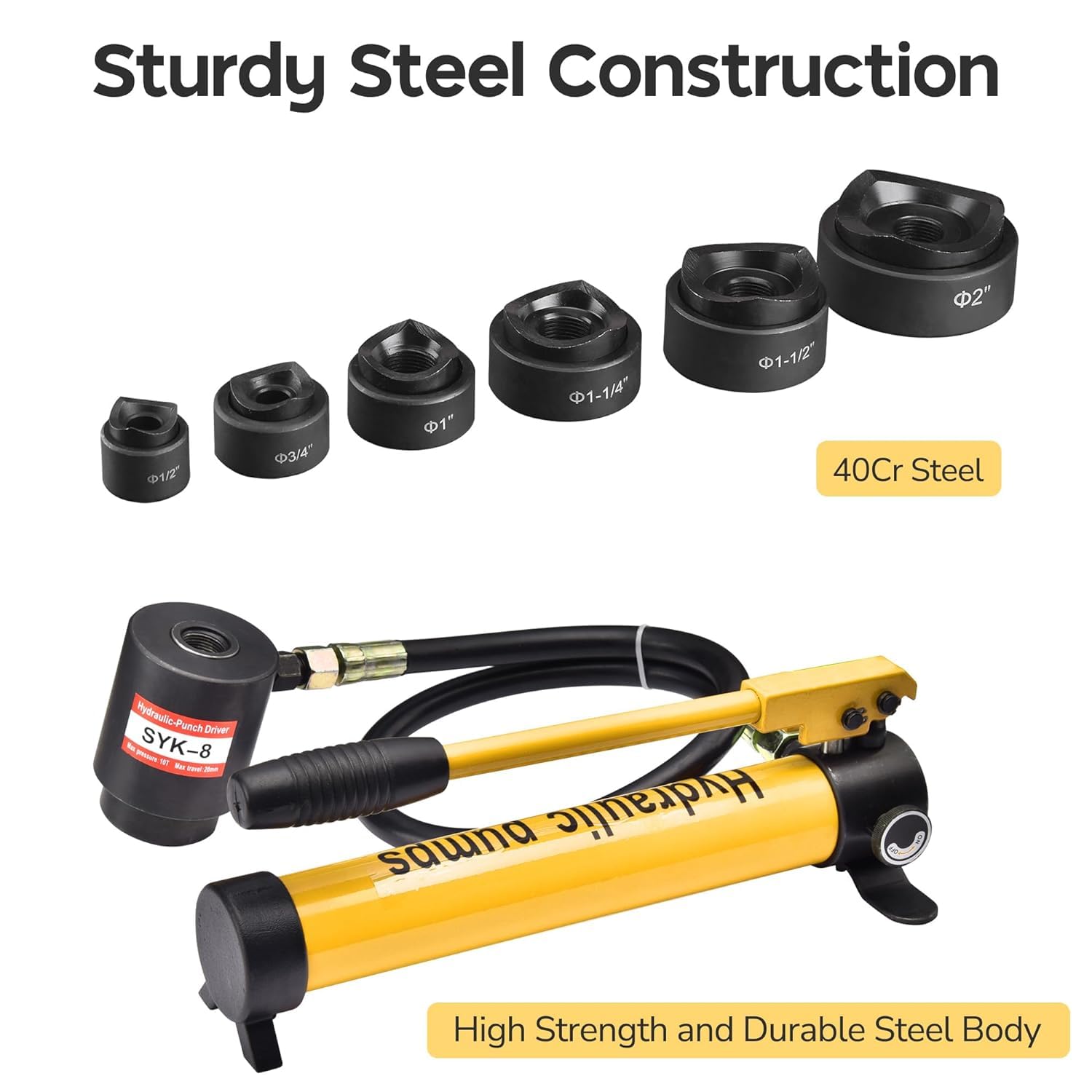 10-ton Hydraulic Punch Driver Kit Knockout Hole Cutter Puncher Tool Set with Carry Case 6 Dies fit 1/2", 3/4", 1", 1 1/4", 1 1/2" & 2" Conduit Sizes (Yellow)
