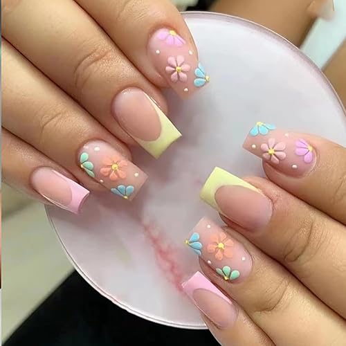 Uñas postizas a presión con diseño de flores, uñas postizas cuadradas cortas para verano, uñas postizas con diseño de flores, uñas acrílicas rosas y Uñas postizas a presión con diseño de flores, uñas postizas cuadradas cortas para verano, uñas postizas con diseño de flores, uñas acrílicas rosas y