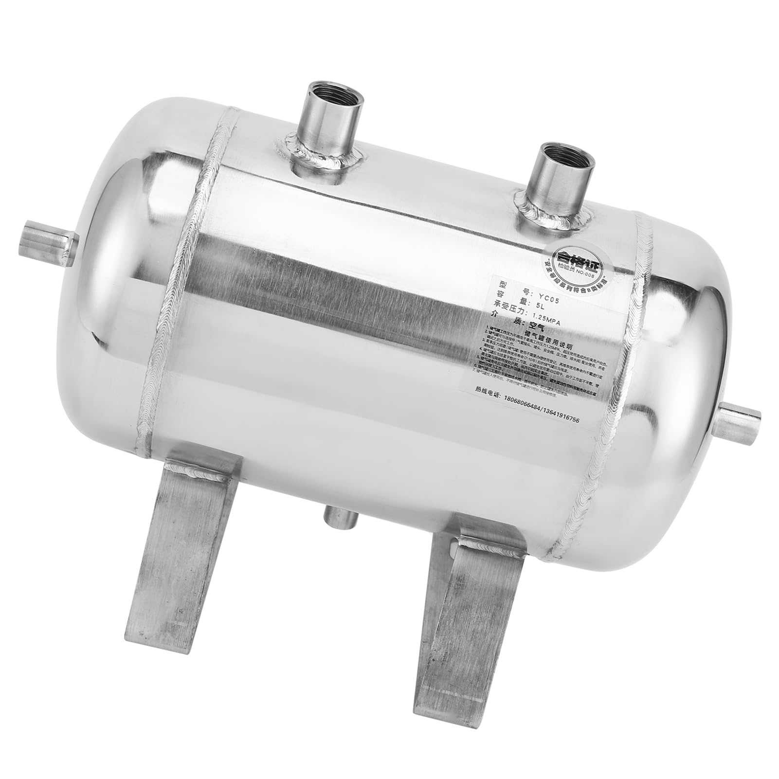 Tanque de Almacenamiento de Gas de Acero de 5 Litros, Contenedor de 4 Puertos Tanque de Aire de Alta Presión Diámetro del Tanque Aproximadamente 159 Mm Longitud del Tanque 280 Mm