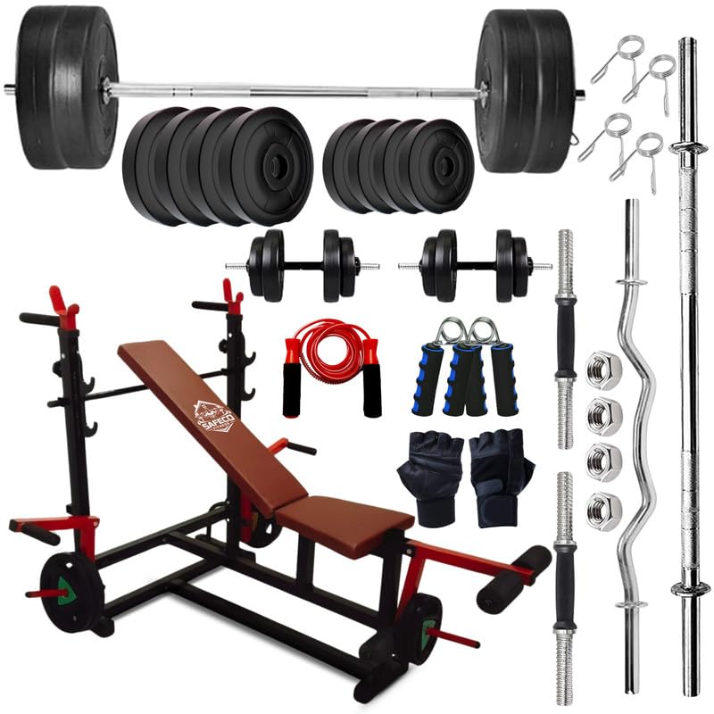 8-in-1 Adjustable Home Gym Bench with J Hook & 90KG PVC Weight Plate Set, 5FT Barbell Rod, 3FT EZ Curl Rod, Dumbbell Rods, Skipping Rope, Hand Gripper & Gloves-image-43