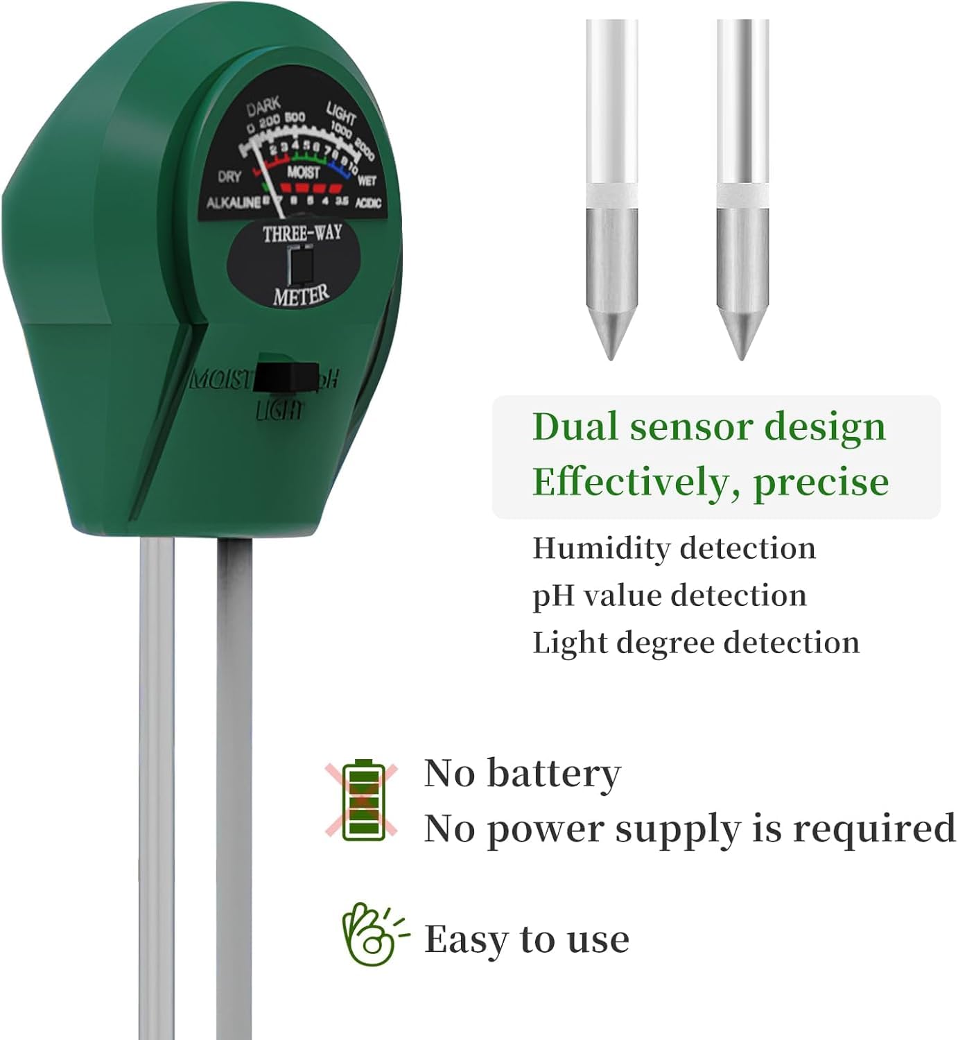 3 en 1 Medidor Humedad Plantas, Medidor PH Tierra, Medidor de Humedad/Luz/PH del Suelo, Medidor de PH de Suelo, Doble Sonda Higrómetro de Suelo, para Plantas de Interior&Exterior,No Necesita Pilas