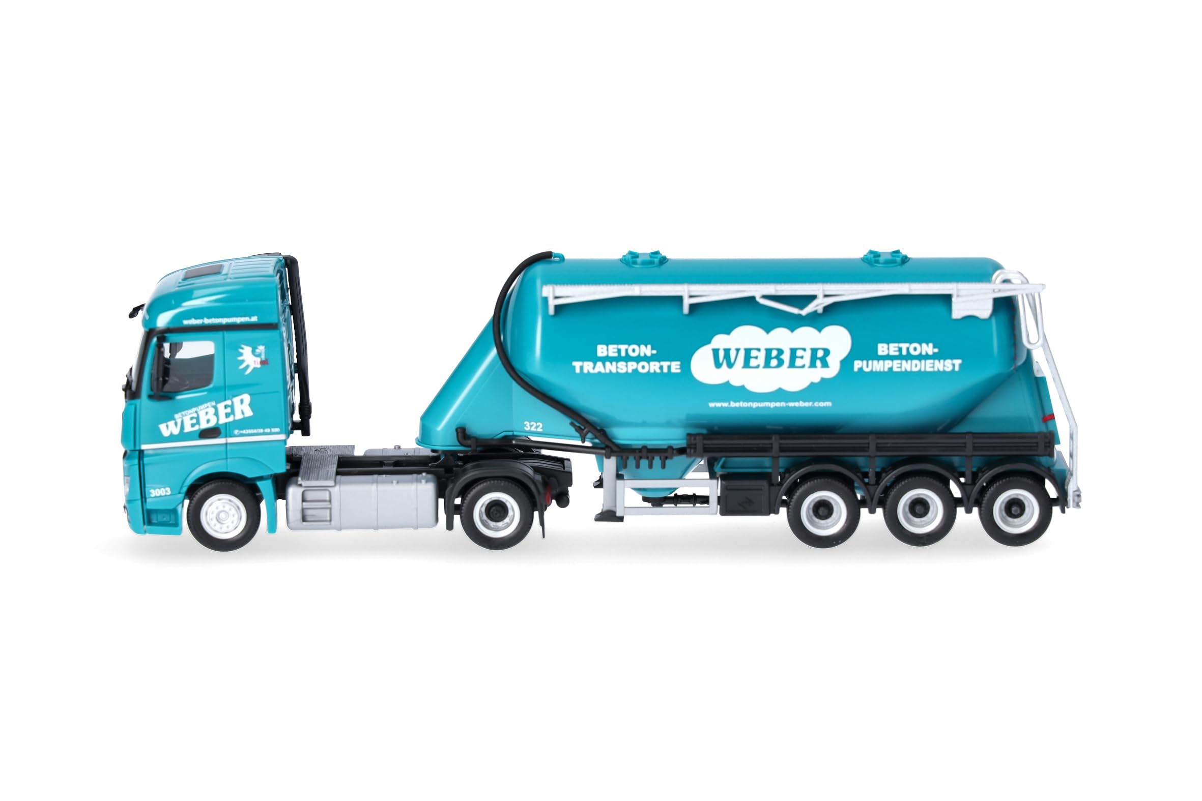 Herpa LKW Modell Mercedes-Benz Actros 18 Streamspace Eutersilo-Sattelzug Weber Betonpumpen (Österreich), Miniatur im Maßstab 1:87, Sammlerstück, Made in Germany, Kunststoff
