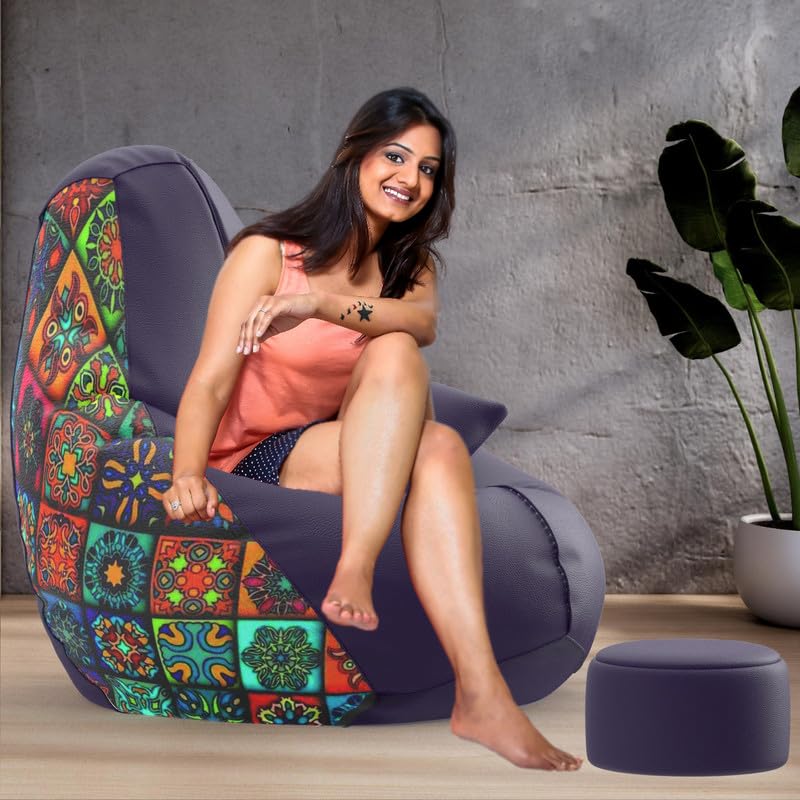 Image of Biggie Bean Bag Chair 6XL with Beans Filled-Pop Prints-Printed Designer Bags-Where Prints Meet Personality with Free Cushion & Footrest (Matching Color : Printed, Abstract Pattern 1003-Indigo 1)