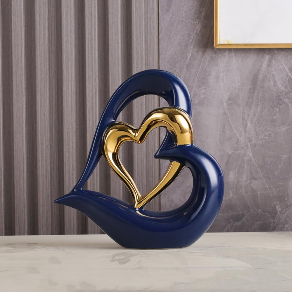 Decoración de Doble corazón,Estatua de cerámica de Doble corazón,decoración Creativa para el hogar,Decoración de Oficina, decoración de Mesa, Adecuada como Regalo. (Azul Oro D)