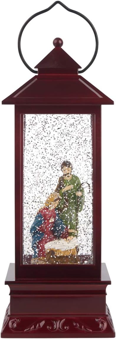 13" Light-Up Holy Family Nativity Lantern – Christmas Decoration with Glittered Glass & Ornate Wood Base – Birth of Christ Manger Scene - The Nativity Store Exclusive