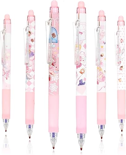 Lindos bolígrafos de gel borrables Clicker 6 bolígrafos retráctiles kawaii borrables de punta fina de 0.020 in para escritura suave, planificadores,