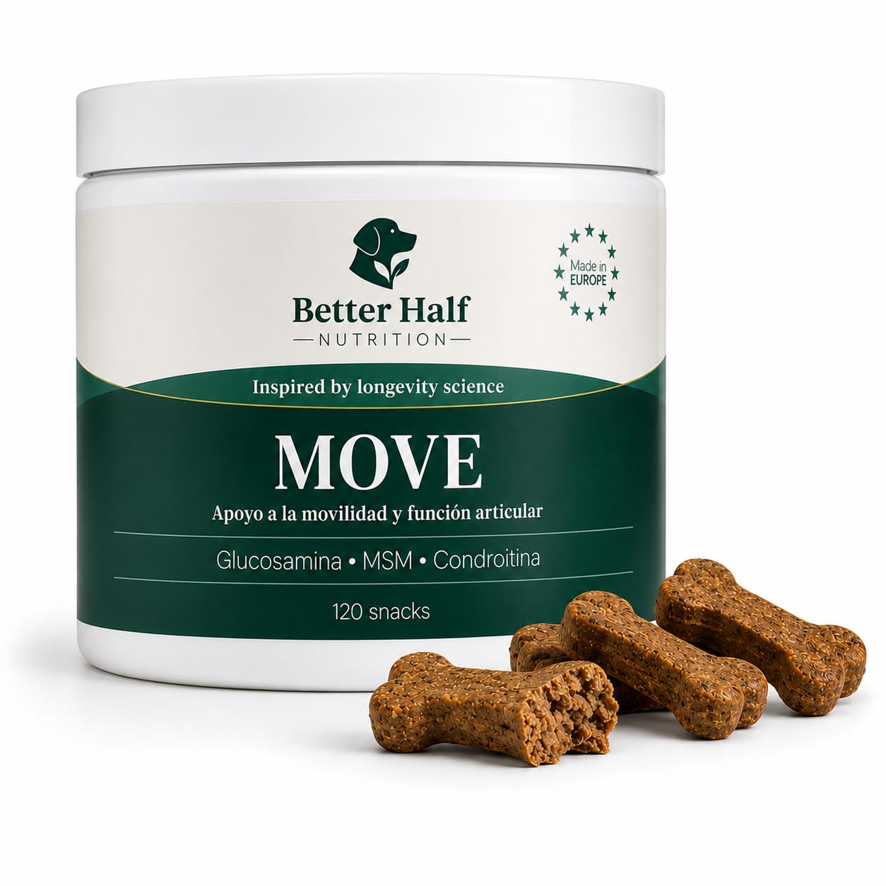 Condroprotectores Perros Masticable | Glucosamina, Condroitina, MSM y Colágeno | 120 Snacks Blandos para Articulaciones y Cadera | Move by Better Half Nutrition | Hecho en Europa | GMP+