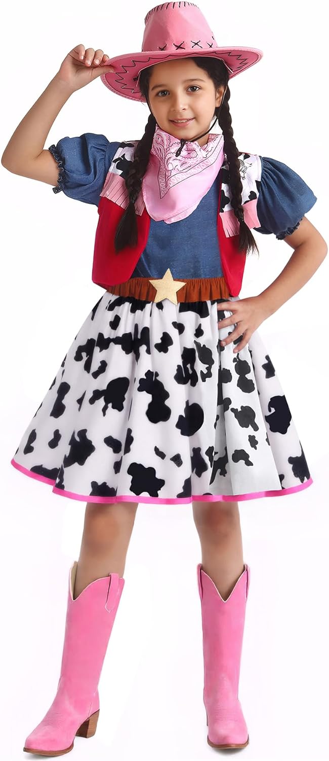 Doxrmuru Cowgirl Costume for Girls Halloween Western Rodeo Dress Up Outfit with Cowgirl Hat 3-10 Years