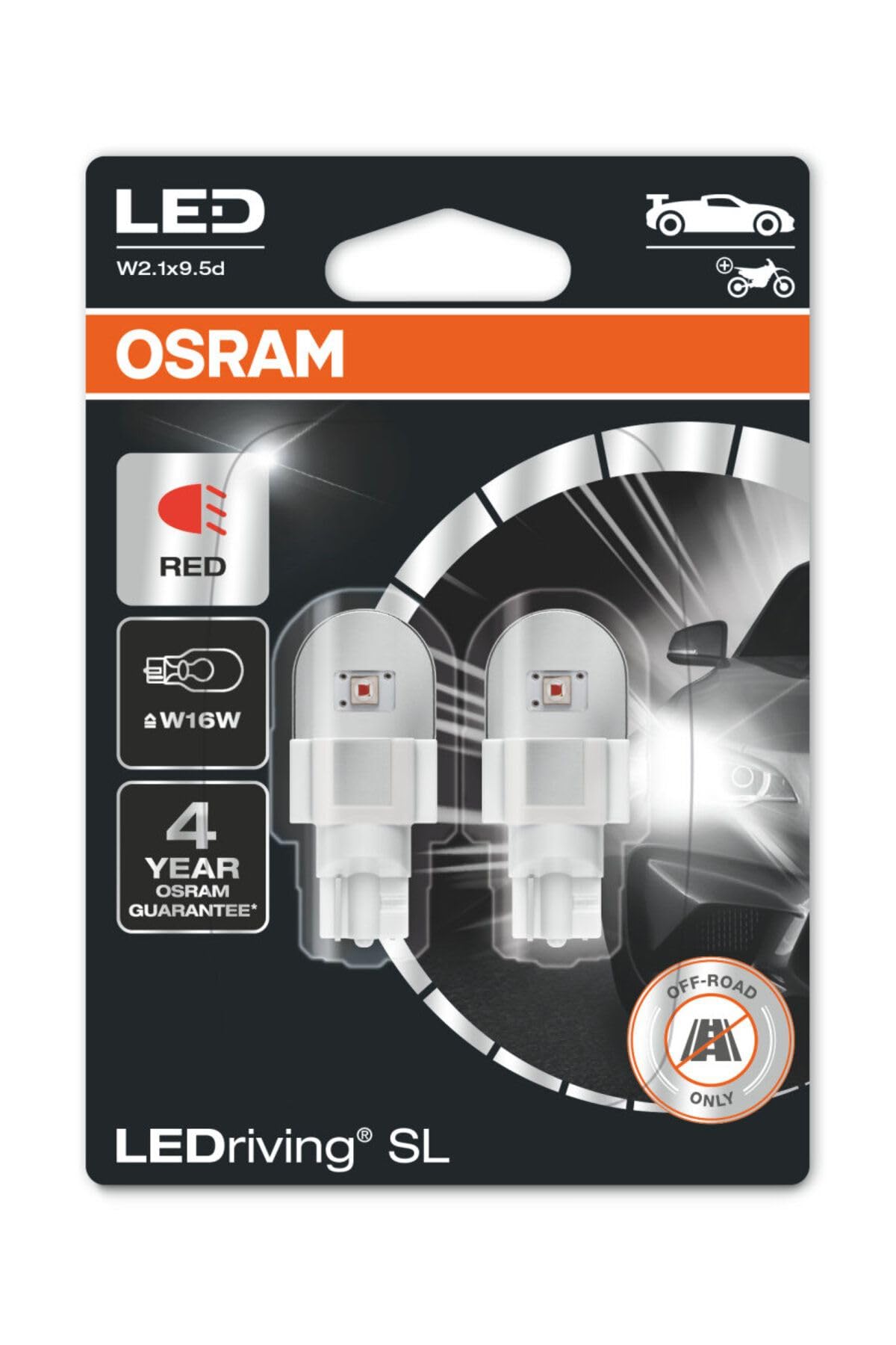 OSRAM LEDriving SL, ≜ W16W Red, Signal lights, Red, LED Retrofit, off-road use only, Blister (2 lamps)