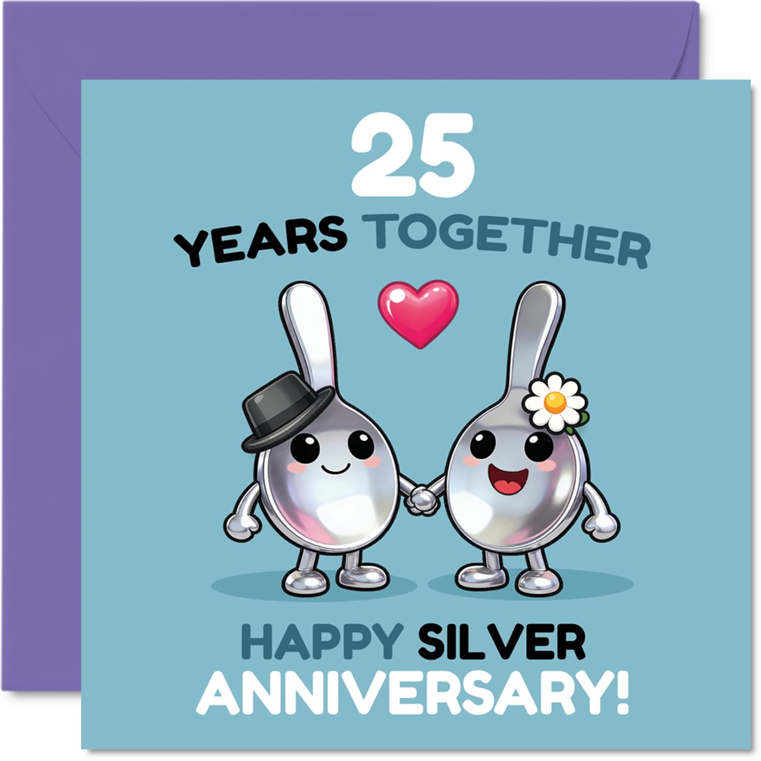 Playful 25th Anniversary Card - Two Spoons Celebrating 25 Years - Joyful Cartoon Couple with Silver Anniversary Vibe - 145mm Square, Envelope Included