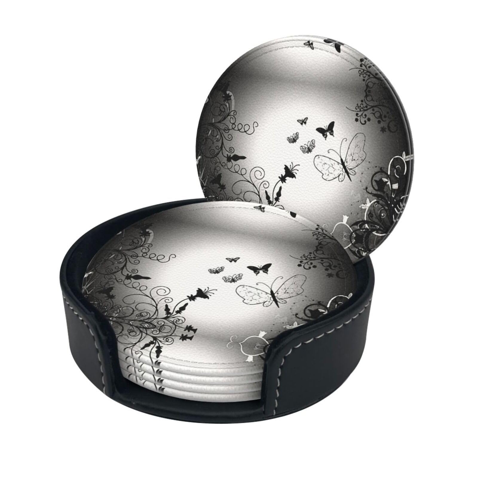 Lklddpzb White Black Gray Butterflies Print Round Leather Coasters - Set Of 6, Ultra-Fiber Pu Leather