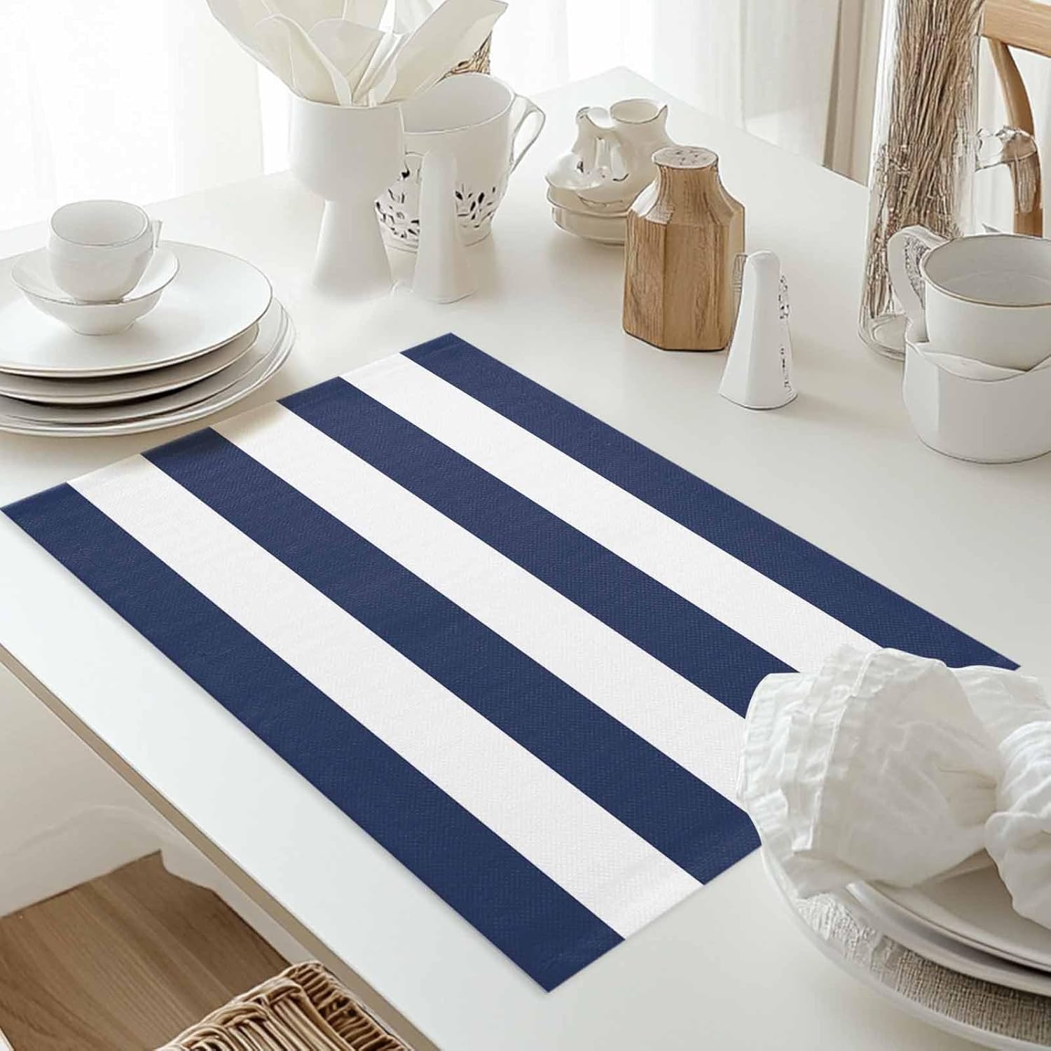 Placemats Set of 4 Nautical Stripes Place Mat Washable Kitchen Dining Table Mats Navy Blue and White Placemat for Indoor Family Dinner Outdoor Wedding Holiday Party Decor