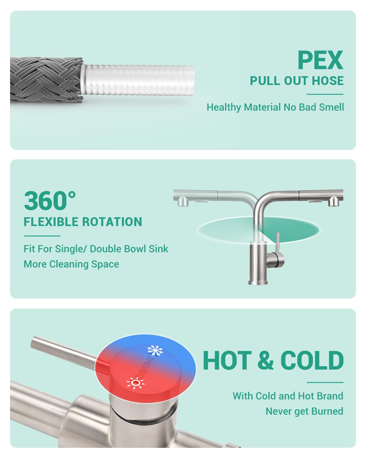 DAYONE Küchenarmatur mit Herausziehbarem Spray, SUS304 Edelstahl Hochdruck Wasserhahn Küche Ausziehbare Brause, Mischbatterie Küche mit 2 Funktionen, 360° schwenkbare Spültischarmatur Küche, Gebürstet