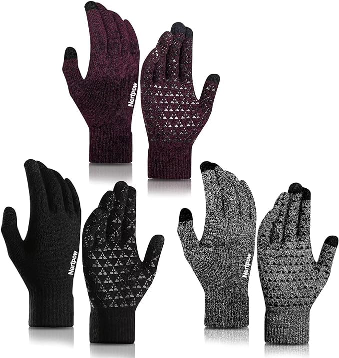 Image of Nertpow Winter Gloves Touchscreen Gloves 3 Packs, Gloves for Men Knit Anti-slip(Black&Black White&Soft Gray White-M)