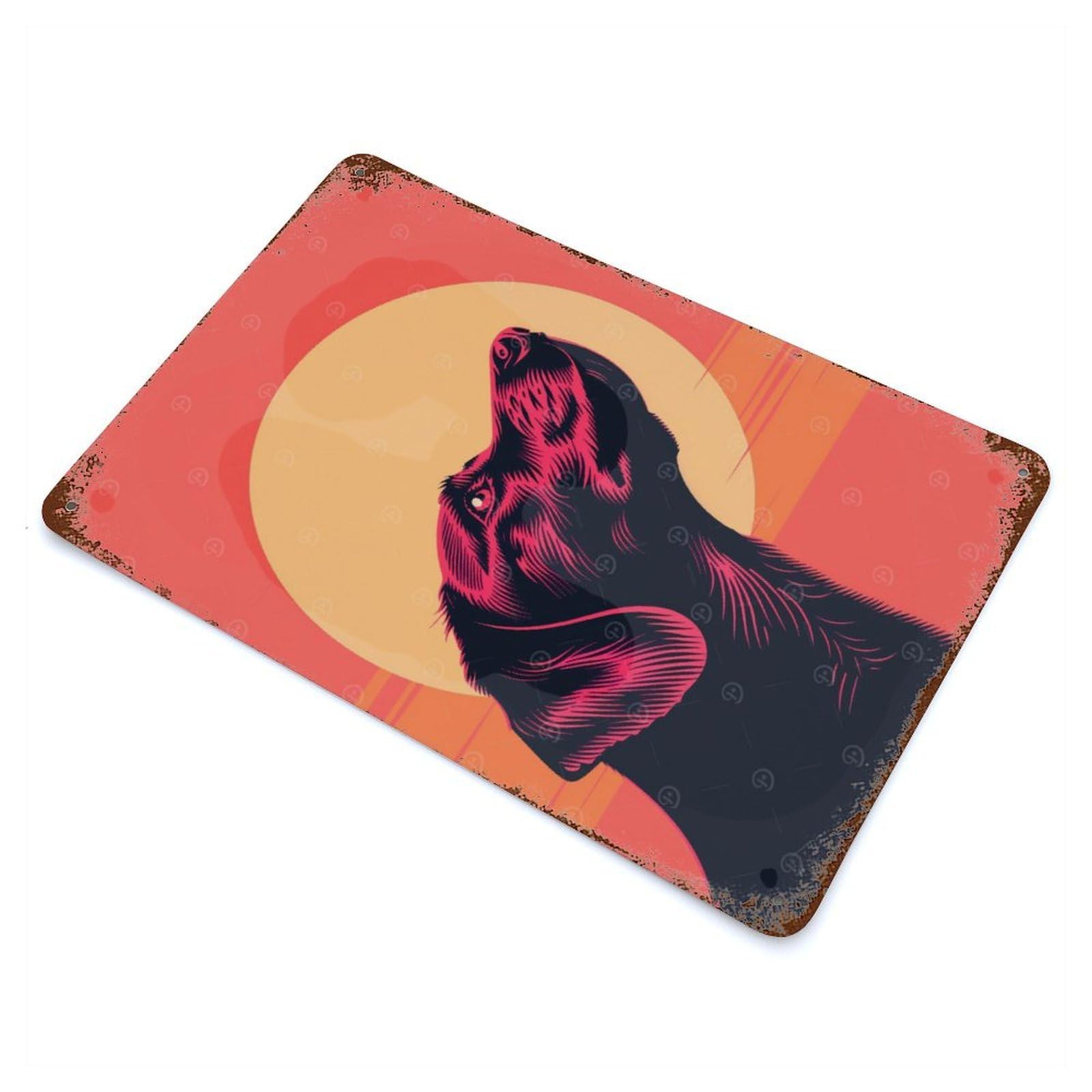Faithful Dog Vector Portrait with Sunset Backdrop Aged Metal Wall Plaque 11.8"x7.9", Old School Wall Decor for Garage, Bar And Workshop Decor