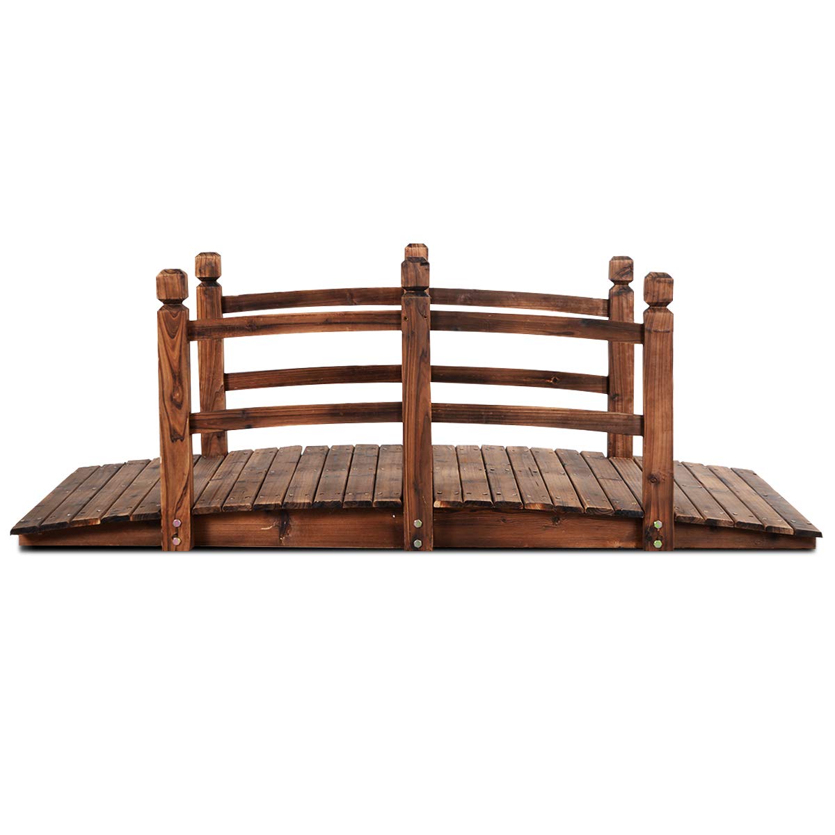 GOPLUS Holzbrücke aus Tannenholz, Gartenbrücke bis 100 kg, Teichbrücke Braun, Zierbrücke mit Geländer, 150x67x55cm (Braun)