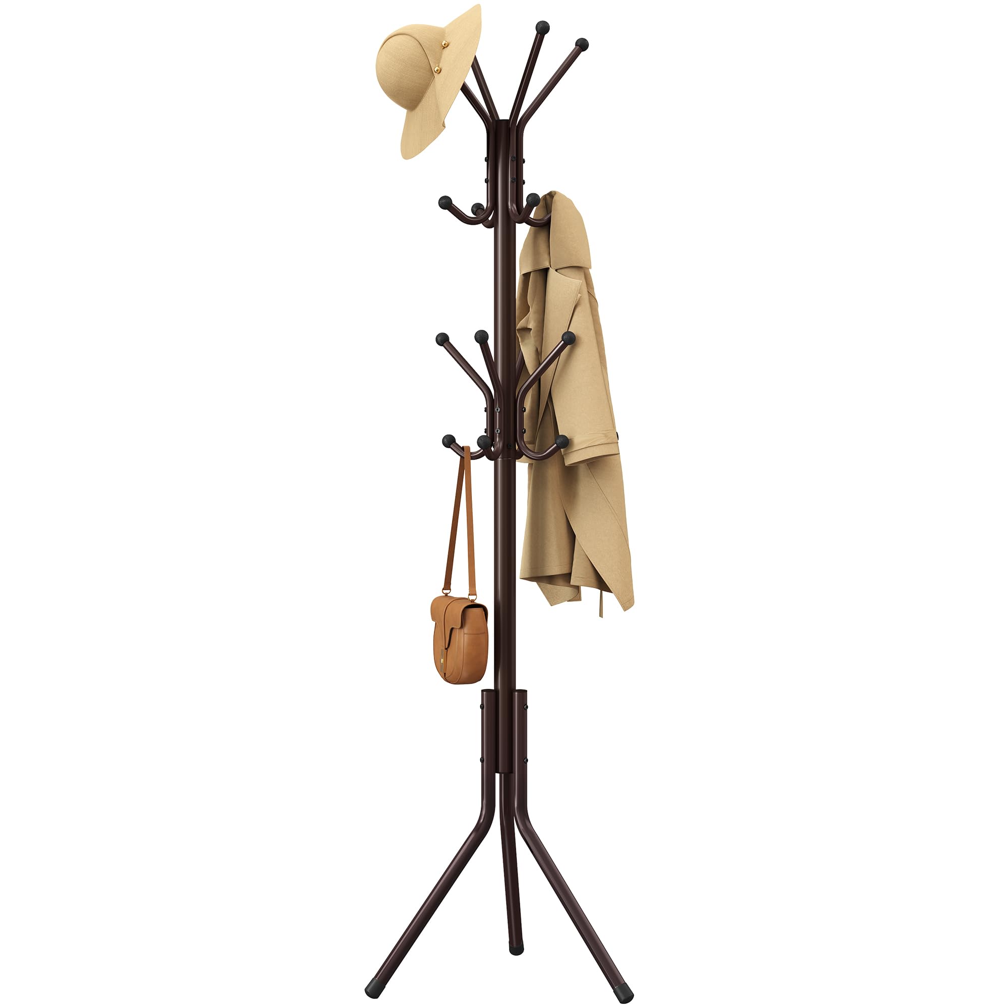 SONGMICS Coat Rack, Steel Coat Tree, Freestanding Organizer for Clothes, Bags, Hats, 175 cm Tall, 16 Hooks, for Entryway, Living Room, Bedroom, Brown RCR081MZ01
