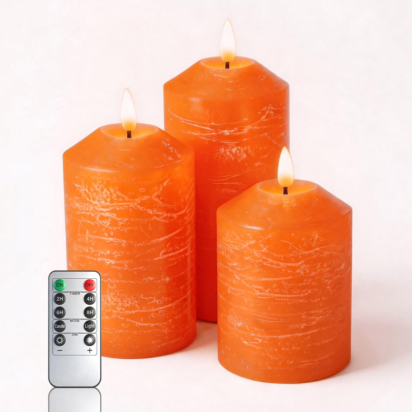 KiimLaa Orange Flameless Candles Flickering 3 Pack, Real Wax Marble Pattern Pillar Electric Candle with Remote Control and Timer, Battery Operated Candle for Festival, Wedding, Home Decor